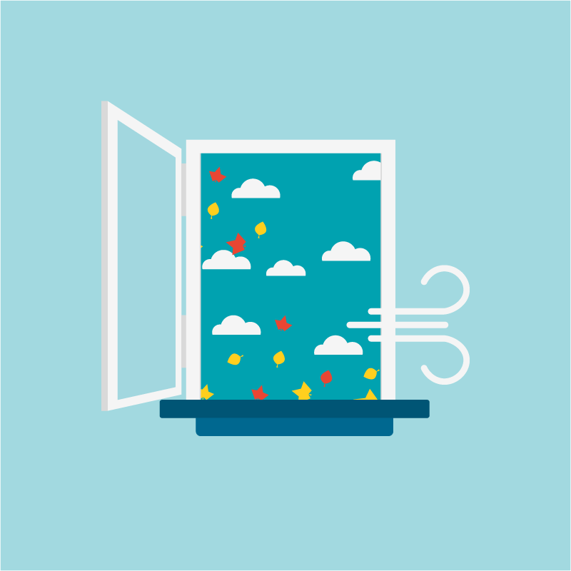 Eine Grafik eines offenen Fenster im Herbst, man sieht fallende Blätter und viele Wolken. Ein Windstoß bläst in den Raum hinein. Eine Grafik eines offenen Fenster im Herbst, man sieht fallende Blätter und viele Wolken. Ein Windstoß bläst in den Raum hinein.