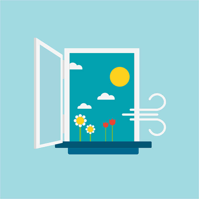 Eine Grafik eines offenen Fenster im Frühling, man sieht Blumen, die Sonne & ein paar kleine Wolken. Ein Windstoß bläst in den Raum hinein. Eine Grafik eines offenen Fenster im Frühling, man sieht Blumen, die Sonne & ein paar kleine Wolken. Ein Windstoß bläst in den Raum hinein.