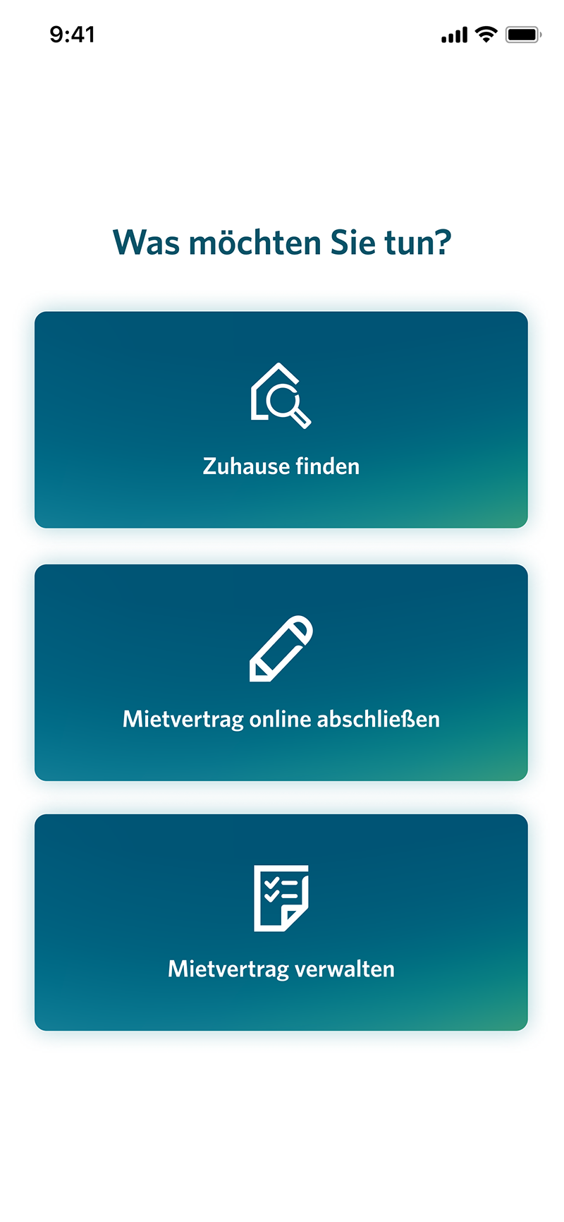 Startseite der Mein Vonovia App. Menü mit drei Optionen: Zuhause finden, Mietvertrag online abschließen, Mietvertrag verwalten. Startseite der Mein Vonovia App. Menü mit drei Optionen: Zuhause finden, Mietvertrag online abschließen, Mietvertrag verwalten.